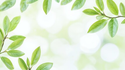 Bright Green Leaves Frame on Soft Bokeh Background