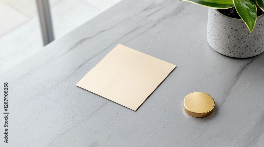 Poster minimalistic workspace with a beige square card and a round golden object on a sleek gray surface.