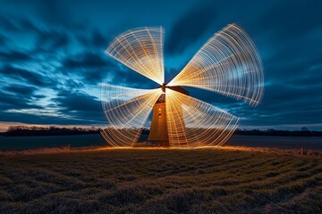 Illuminated windmill turns in twilight over rural landscape at dusk