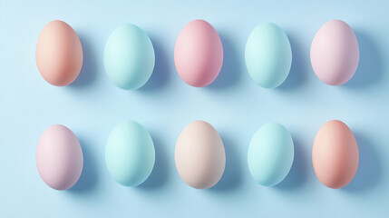 Colorful pastel Easter eggs arranged on blue background