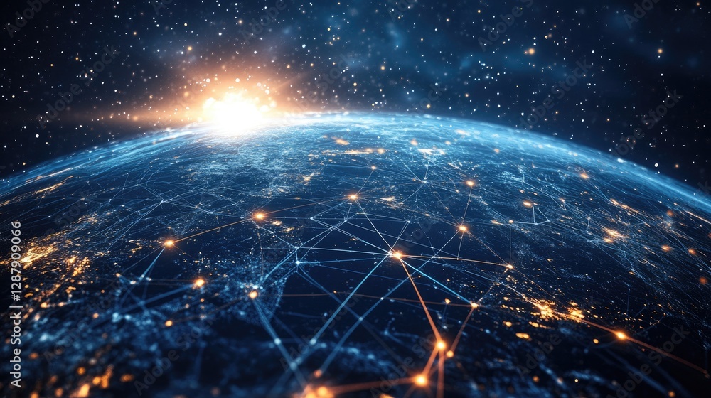 Poster a d hologram of a digital earth with interconnected tech hubs, symbolizing global software developme