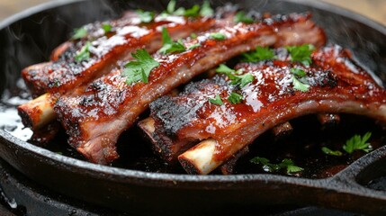BBQ pork ribs with smoky, crispy edges, resting on a hot cast-iron skillet, garnished with fresh parsley.