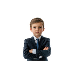 Confident Young Boy in Suit with Arms Crossed and Serious Expression