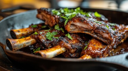 BBQ pork ribs with smoky, crispy edges, resting on a hot cast-iron skillet, garnished with fresh parsley.