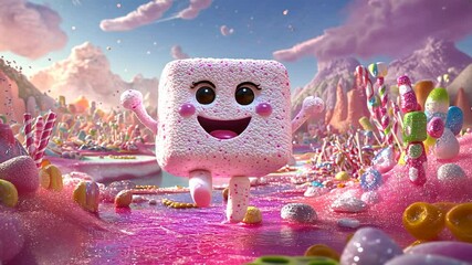 A happy, smiling marshmallow character stands in a colorful candy land with sweets all around.