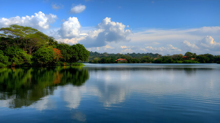 Fototapeta premium Serene Tropical Lake Landscape with Lush Green Trees and Blue Sky