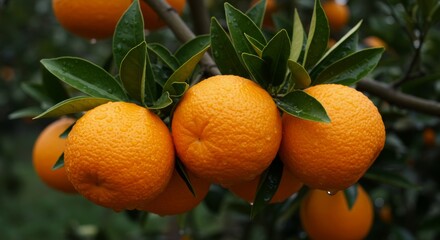 Vibrant Oranges Clustered on Branch with Morning Dew and Lush Green Leaves