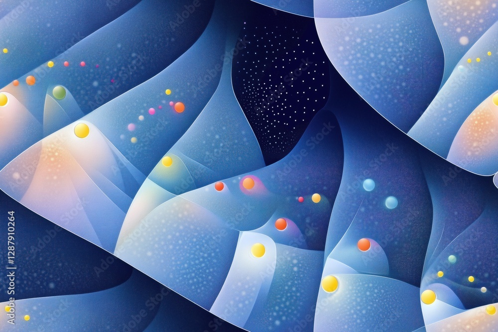 Poster an abstract digital artwork featuring flowing waves of blue and soft pastel colors. the composition 