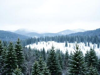 Snow-covered slope dotted with majestic fir trees in a winter wonderland setting, frozen, wilderness, environment