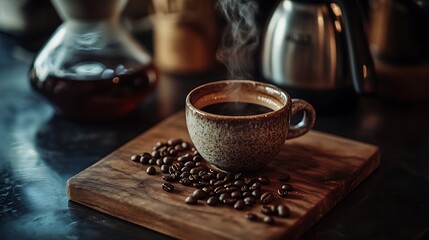 Steaming Cup of Coffee with Beans on Rustic Wooden Board