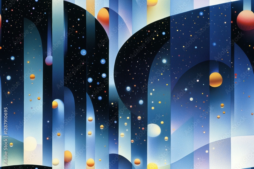 Poster a vibrant abstract space scene featuring colorful planets and celestial elements against a dark star