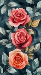 Roses, watercolor, dark background, floral design, print