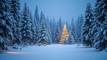 Naklejka premium Snow-covered trees glittering with twinkling lights in a magical winter wonderland forest setting, winter wonderland, snowy forest, festive