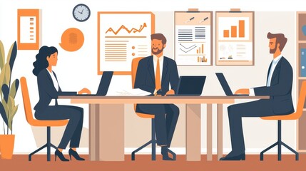 Business professionals collaborating around a desk in a modern office, papers and laptops showcasing teamwork and success.