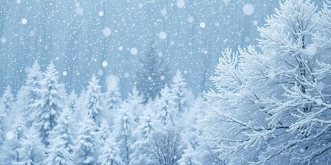 Snow-covered trees in a serene winter wonderland with falling snowflakes creating a magical forest scene, nature, falling snowflakes, winter wonderland