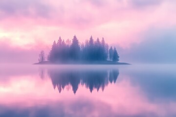 Misty Sunrise over Serene Island Lake