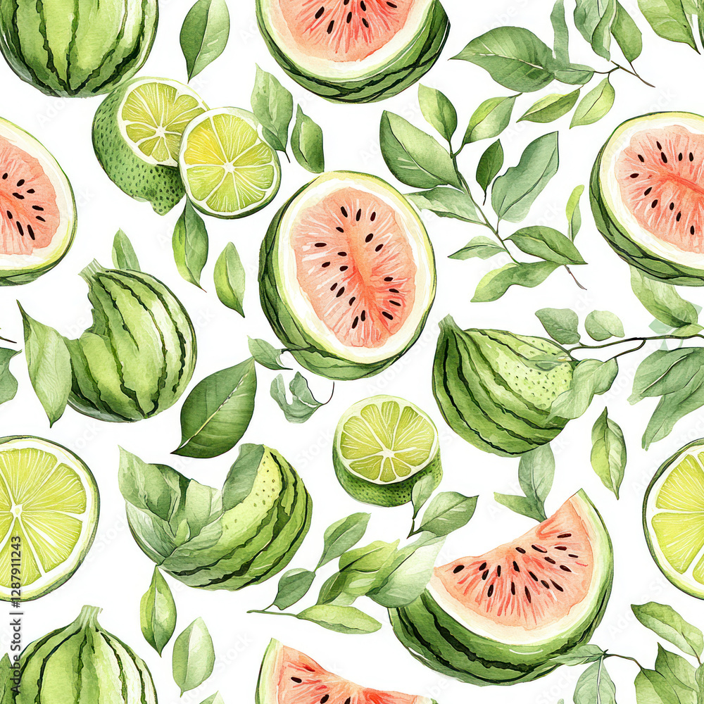 Poster Watermelon slices and lime segments seamless pattern on white backdrop with leafy branches