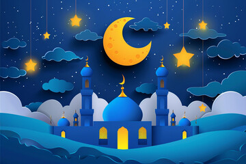 Naklejka premium Beautiful greeting card with holiday composition for happy celebrate Ramadan, abstract vivid composition consists of fictional unreal fantastic vision on background
