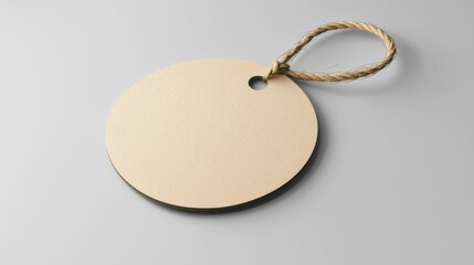 Round blank price tag with rope on gray background, perfect for branding or mockup presentations.