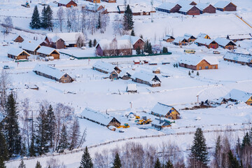 Hemu Village, Snowy Mountains, Forests, and Winter Snow Scenery in Xinjiang Uygur Autonomous Region, China On March 1st, 2023