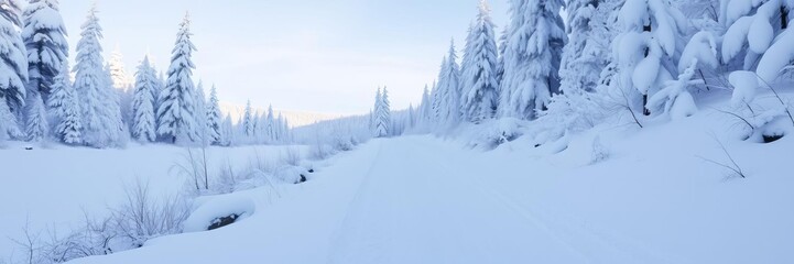 Snow-covered winter landscape with a winding footpath leading through a serene forest scene, frozen, hiking, winter