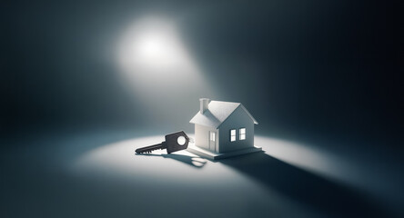 A miniature white house and a key are illuminated by a spotlight in a dark setting, representing home ownership and property concepts.