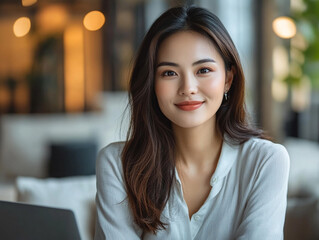 Naklejka premium Young woman smiling in a cozy cafe setting