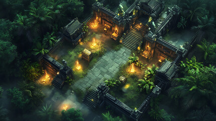 Isometric Game Map of Ancient Ruins in Dense Green Forest at Night with Glowing Fire and Detailed Structure