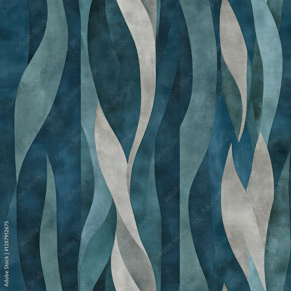 Aufkleber wavy ribbons cascade vertically against a textured navy and teal gradient backdrop, creating visual 