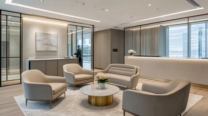 Modern Elegant Office Lobby with Comfortable Seating and Decor