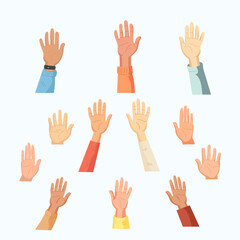 Fototapeta premium Illustration of multiple raised hands in different skin tones representing diversity and unity.