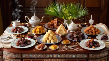 Fototapeta premium A table full with middle eastern food for Ramadan or Eid Al Fitr