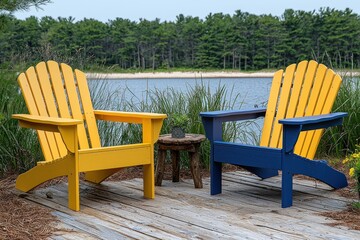 Fototapeta premium Two Adirondack chairs, yellow and blue, on a wooden deck overlooking a calm lake and lush green trees.