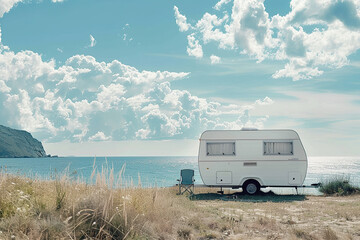 Holiday trip on large family motorhome for holiday in beautiful natural nature, abstract vivid composition consists of fictional unreal fantastic vision on background