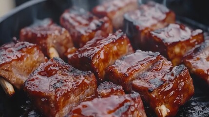 Close-up of BBQ pork ribs sizzling on a cast-iron skillet, glistening with caramelized sauce and grill marks.