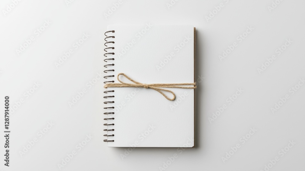Aufkleber top view of a minimalistic spiral notebook with a bow on a white background, ideal for creative desi