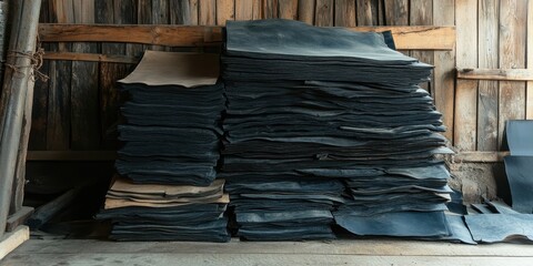 Freshly produced raw rubber sheets neatly stacked in a rustic workshop, showcasing artisanal craftsmanship.