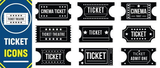 Ticket icon set. ticket cinema movie theater film vector icon. ticket glyph icon. Ticket admit icon set. Movie ticket stub sign. Line raffle ticket icon.