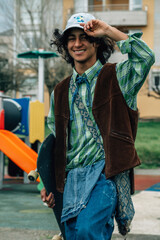 Happy teenage skater at skate park © tetxu