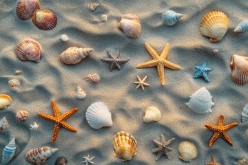 Seashells and Starfish on Sandy Beach: Summer Vacation Vibes
