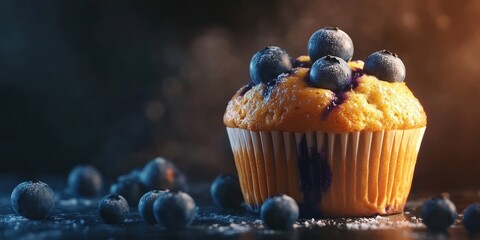 Golden blueberry muffin with a domed top, showcasing rich batter and delicious blueberries in every bite.