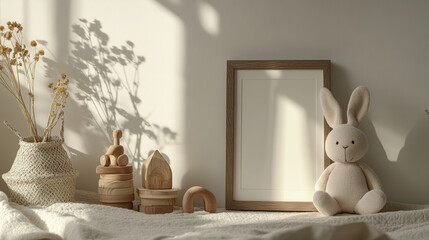 cozy boho inspired display with wooden frame and plush bunny