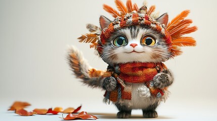 Fototapeta premium Playful cat in autumn scarf indoor cute animal portrait whimsical