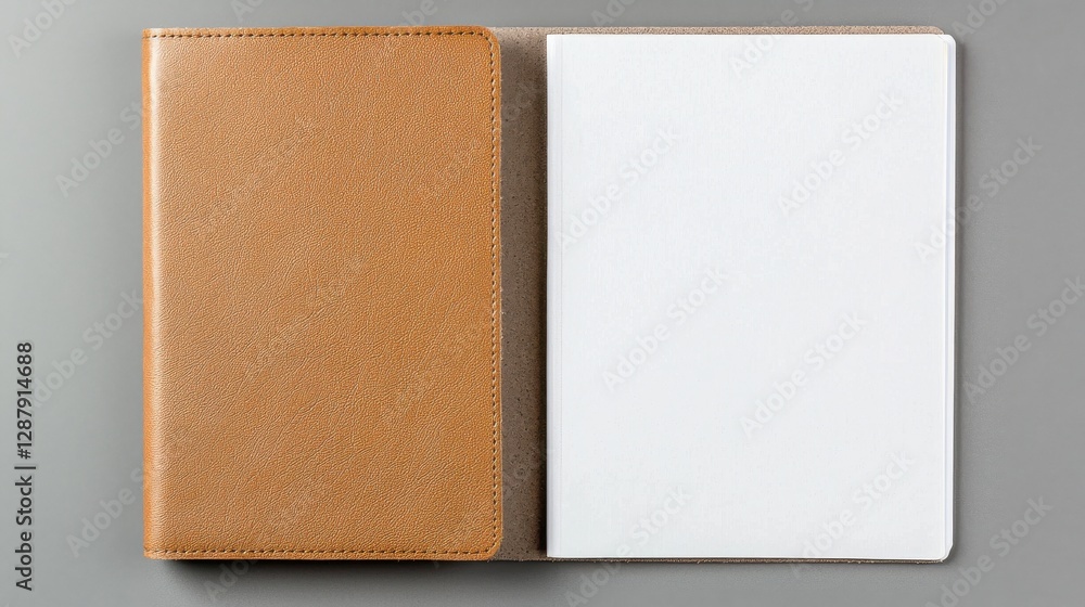 Aufkleber top view of an open notebook with a brown cover and blank pages on a gray background.