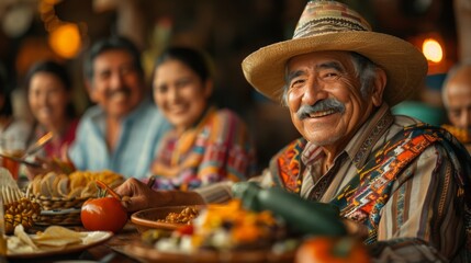 Hispanic Heritage Month . A warm and inviting scene of a Hispanic family gathered around a table for a traditional meal, their faces reflecting the joy of togetherness and shared heritage