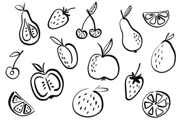 Hand-Drawn Black and White Fruit Doodle – Minimalist Outline Illustration of Apples, Pears, Cherries, Strawberries, Oranges, and Lemons for Design, Textiles, and Digital Use