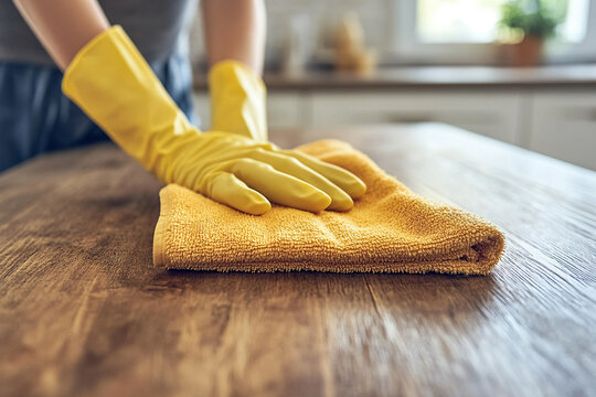 Close-up of female hand in rubber latex yellow glove wiping wooden surface with yellow microfiber cloth. Cleaning, professional home cleaning products