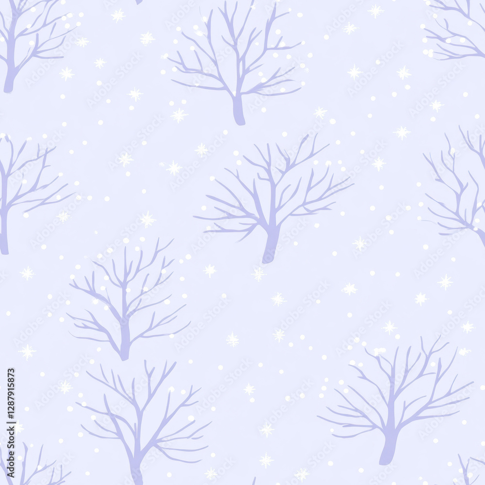 Poster seamless pattern of winter trees pattern purple branches under falling snow on a light background, c