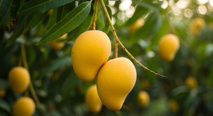 Lush Mango Orchard, A Close-Up of Ripe Golden Mangoes Hanging on a Tree Branch