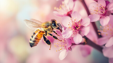 Fototapeta premium A close-up of a pollen-covered bee landing on flowers, symbolizing seasonal allergy triggers
